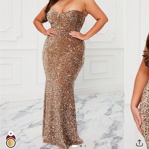 Fashion Nova Gold Sequin Embellished V-Neck Gown
